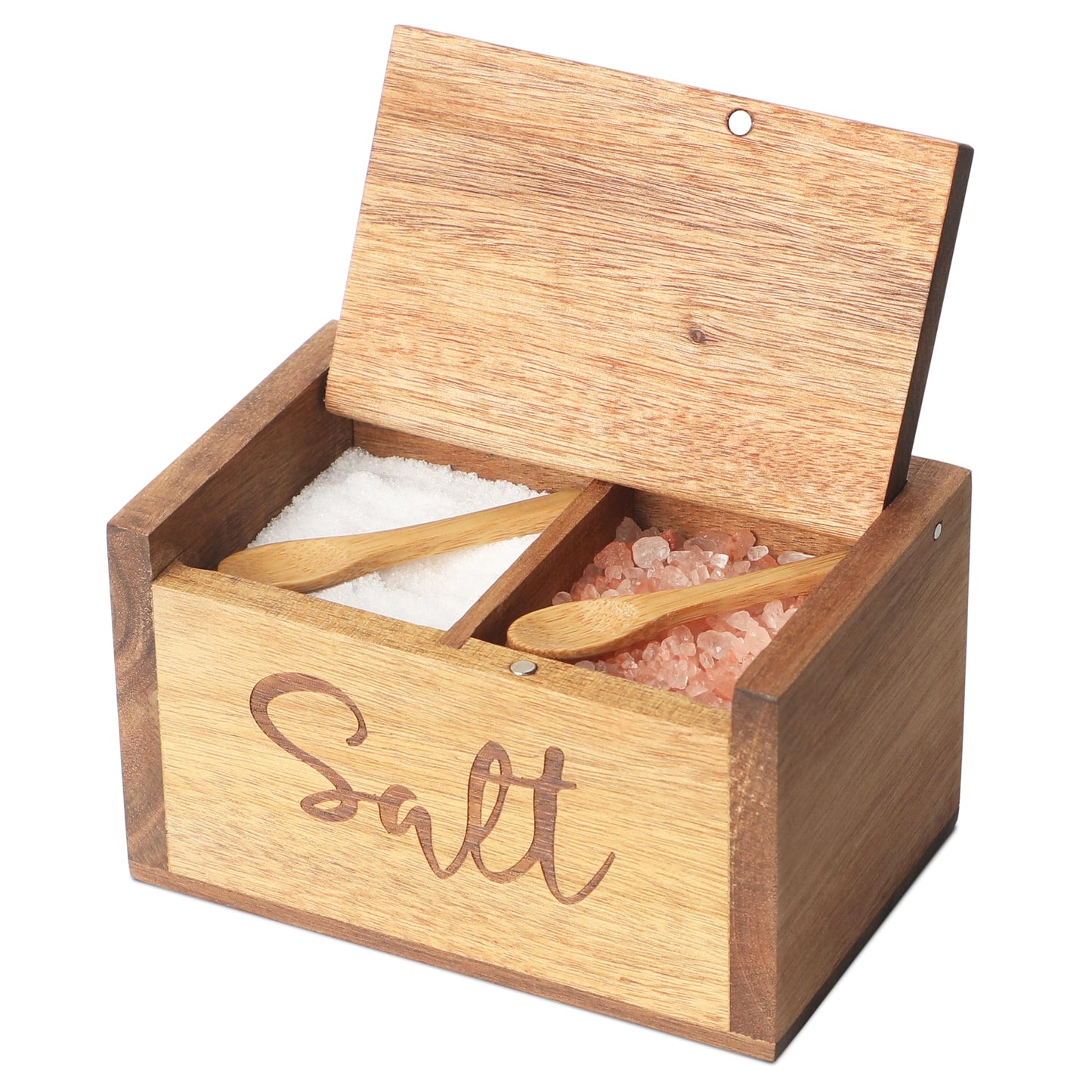 Acacia Wood Spice Box with Lid and Built-in Spoon for Kitchen Countertop, Rectangle Farmhouse Kitchen Decoror for Storing Salt, Peppers, Sugar or Seasonings, Brown (Labeled - “Salt”)