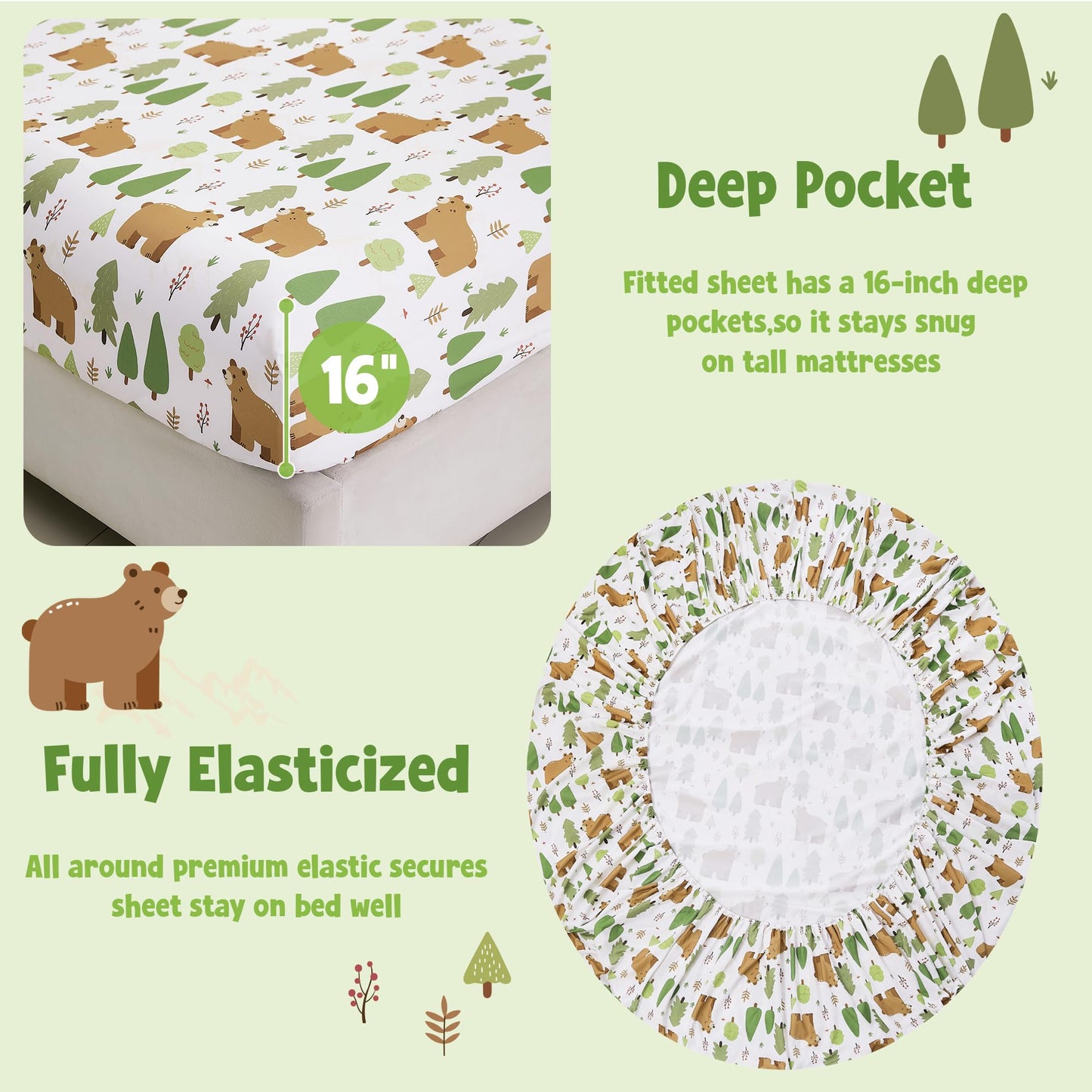 CozySmile Twin Sheet Set Kids,3 Pieces Breathable Soft Microfiber Bedsheets for Child Boys, Oeko-TEX, Anti Pilling Deep Pockets Easy Care Bed Sheets, Forest Bear