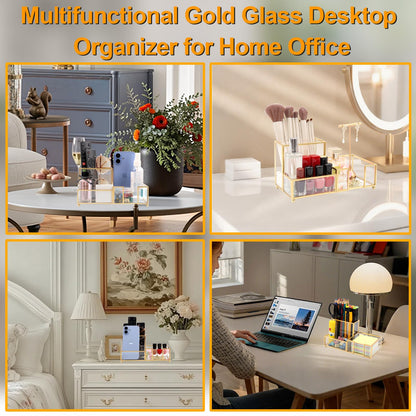 Shonmogar Desk Organizer with 3-Compartments,Glass Small Desk Organizer for Pens Pencils Business Cards Sticky Notes Paper Clips,Gold Stylish Pen Holder for Desk Home Office Decor