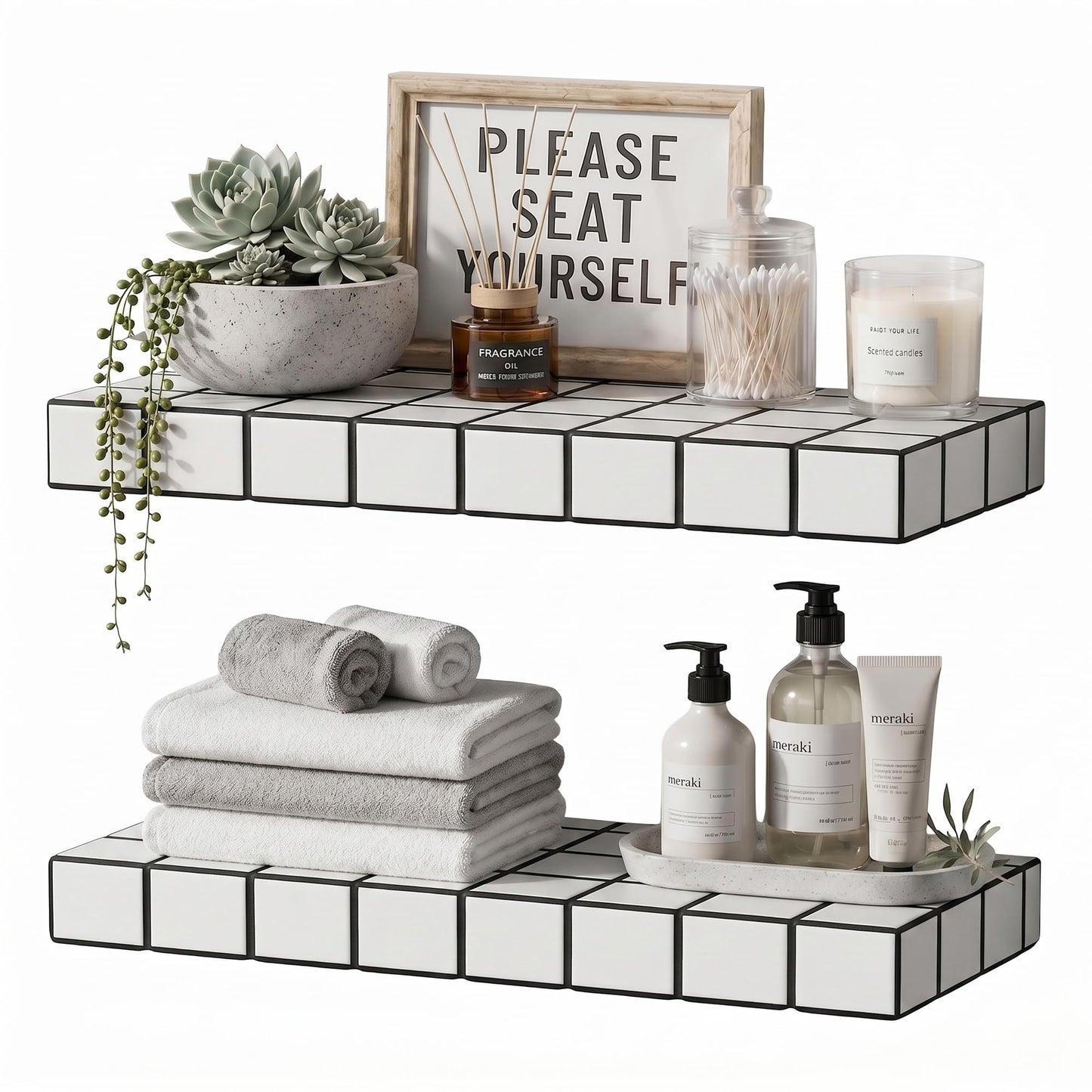 ZttRiee Floating Shelves, Set of 2, 15.7" W, White Frame Black Lines