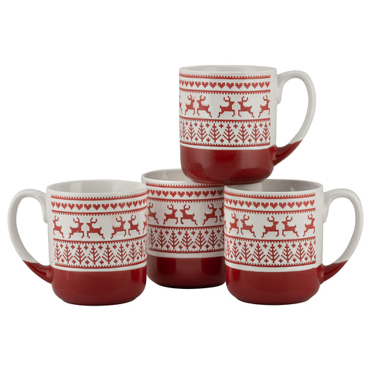 10 Strawberry Street Embossed Reindeer Ceramic Mug, Set of 4 (Red), S4MUG-XMAS