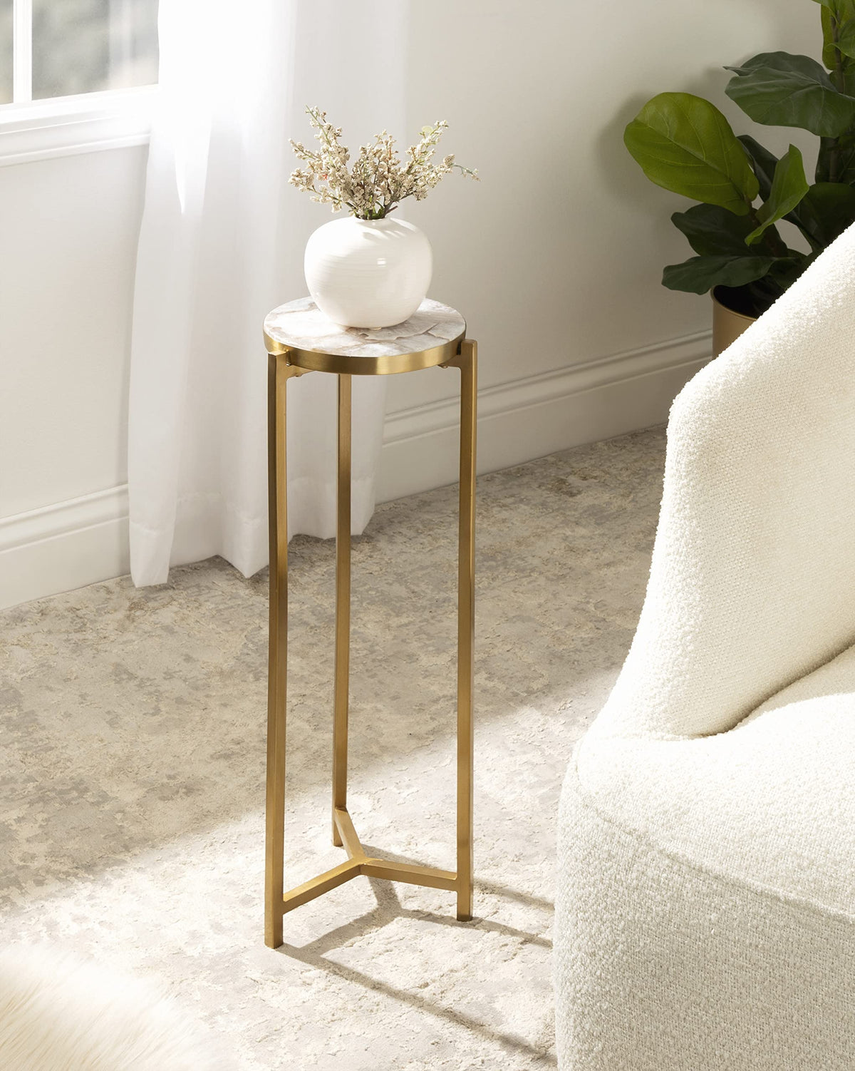 Kate and Laurel Aguilar Modern Drink Table, 9 x 9 x 23, Natural Stone and Gold, Genuine Quartz Accent Table for Small Spaces