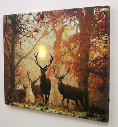 BANBERRY DESIGNS LED Wall Art - Big Buck Lighted Canvas Print - White Tail Bucks in Forest - Wildlife Wall Art - LED Light Up Deer Picture - Measures 15.75" W X 11.75" H
