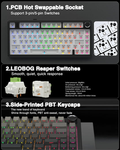 AULA F75 Wireless Mechanical Keyboard, Gasket Mounted, Hot Swappable, Pre-lubed Reaper Switches, RGB Backlit, 2.4GHz/Type-C/Bluetooth Gaming Keyboard (75%)