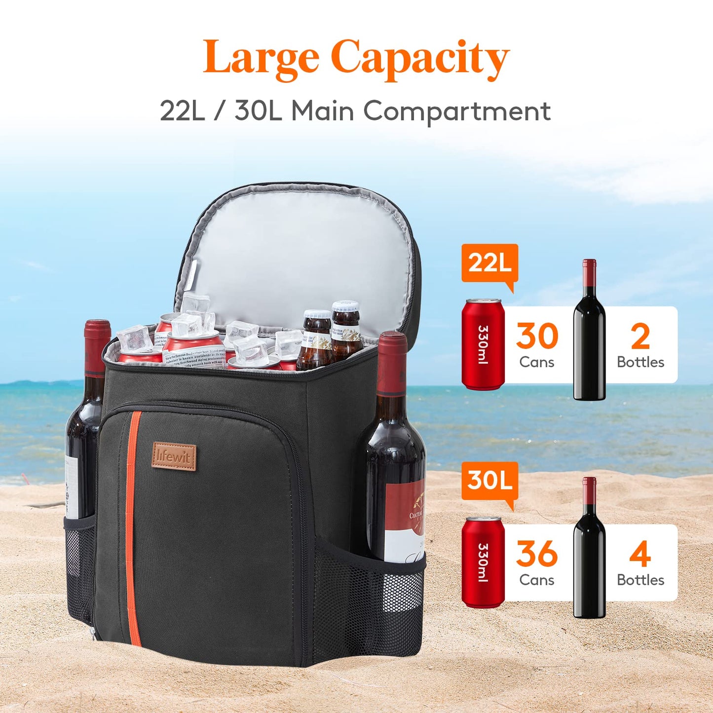 Lifewit 30 Cans Backpack Cooler Waterproof Insulated Soft Lunch Backpack Lightweight Leakproof Cooler Bag for Men Women Adults for Work Picnics Beach Camping Travel Outdoor Activities, Black