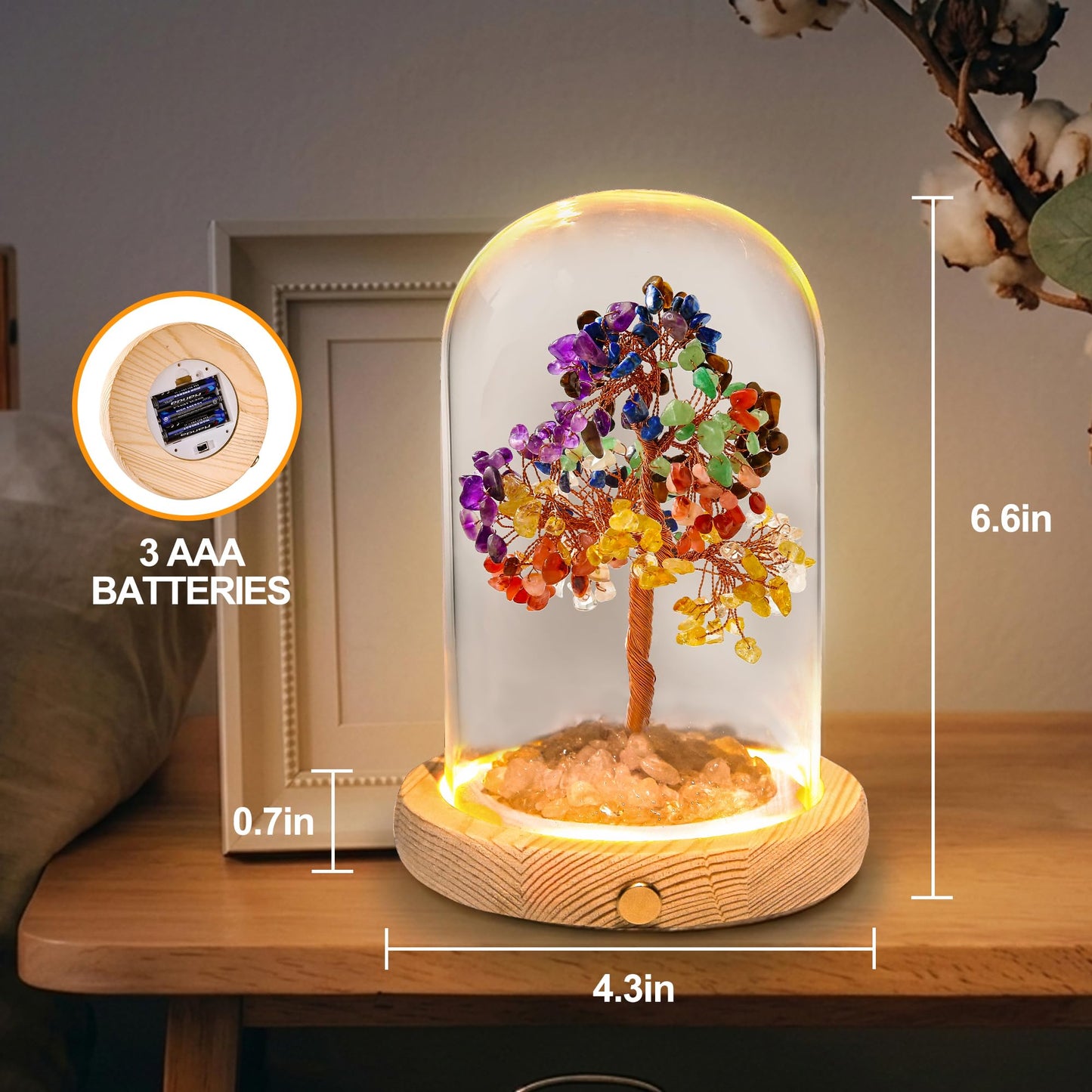 JLDTOP 7 Chakra Crystal Tree LED Night Light Glass Dome Healing Desk Decor