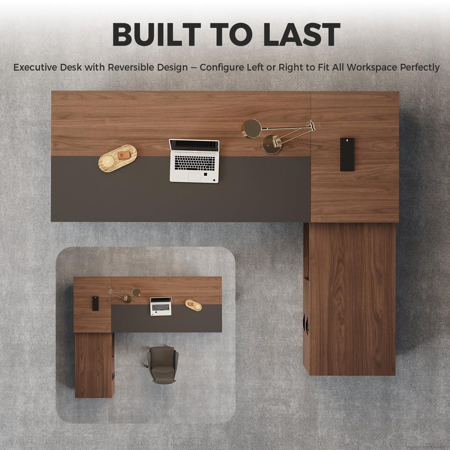 Nuipesn 87-Inch Reversible L-Shaped Executive Desk with Power Outlet & LED Lighting, Large Modern Office Desk with Drawers & Storage Shelves for Home & Office, Red Walnut & Iron Gray