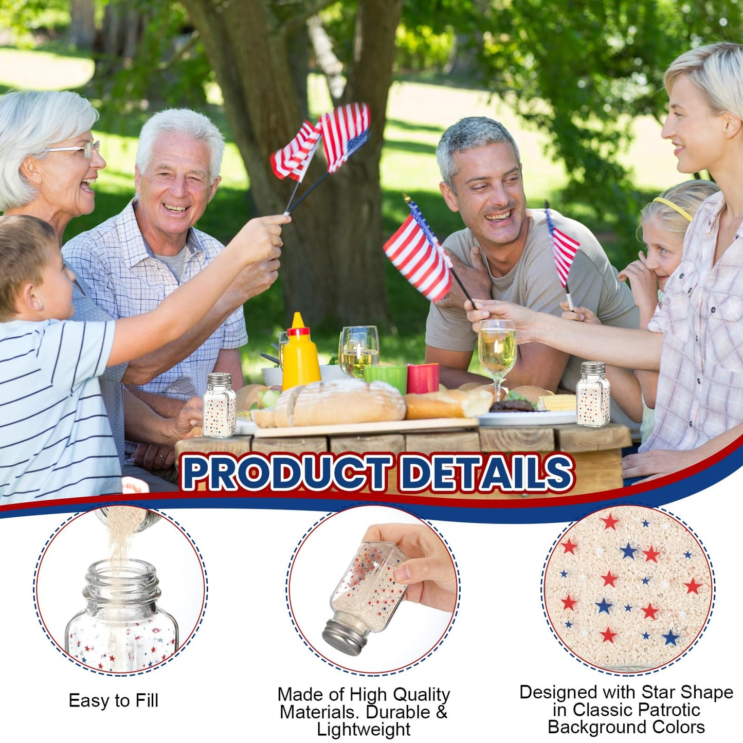 Reallnaive 2 Pcs 4th of July Salt and Pepper Shakers, Patriotic Salt and Pepper Shakers Set Independence Day Red White and Blue Star 250th Anniversary Kitchen Counter and Table Decor