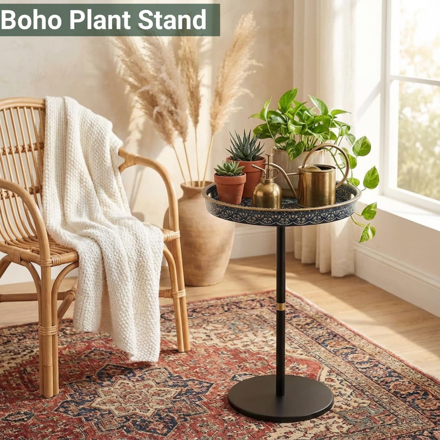 Gesodant Boho Single Leg Round Side Table with Tray Top, Pedestal Drink Table for Small Spaces, Aesthetic Accent Nightstand for Living Room, Bedroom, Corners, and Office (Blue Maze)