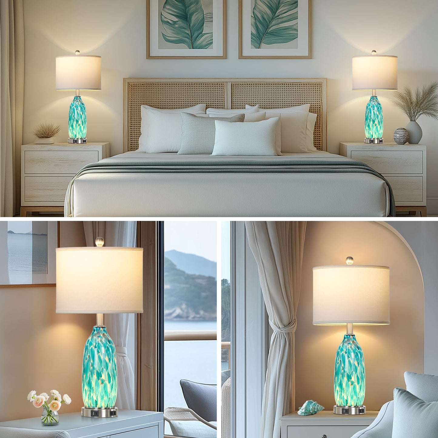 Rinweey 26" Peacock Green Glass Table Lamps Set of 2,Coastal Nautical Bedside Lamps with USB Ports & AC Outlet,Lamparas Elegantes para Cuarto with Night Light for Bedroom Living Room Decoration