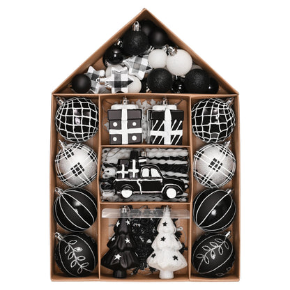 Valery Madelyn Christmas Tree Ornaments Set, 70ct Black and White Shatterproof Christmas Tree Decorations Bulk, Variety Modern Decorative Hanging Ball Ornaments for Xmas Trees Holiday Decor