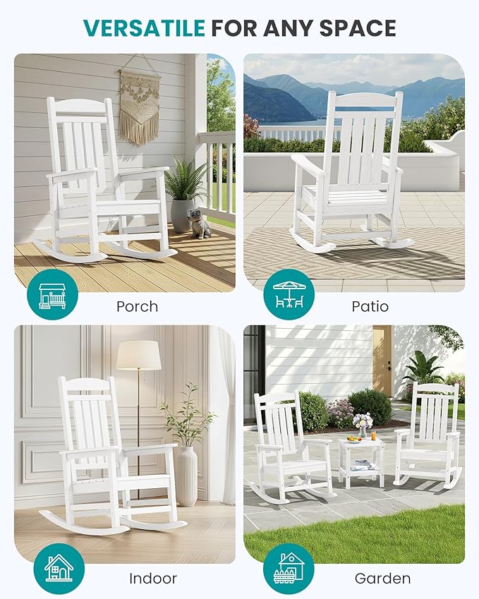 SERWALL Outdoor Rocking Chairs Set of 4, Oversized HDPE Porch Rockers for Adults, All-Weather Composite Patio Rocking Chairs, White
