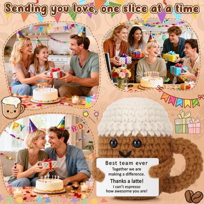 Xinezaa Best Team Coffee Cup Gift, Employee Appreciation for Coworkers, Work, Bestie, Manager, Teacher, Cute Crochet Desk Buddy for Office Cubicle Decor, Team Celebration Thank You Gift