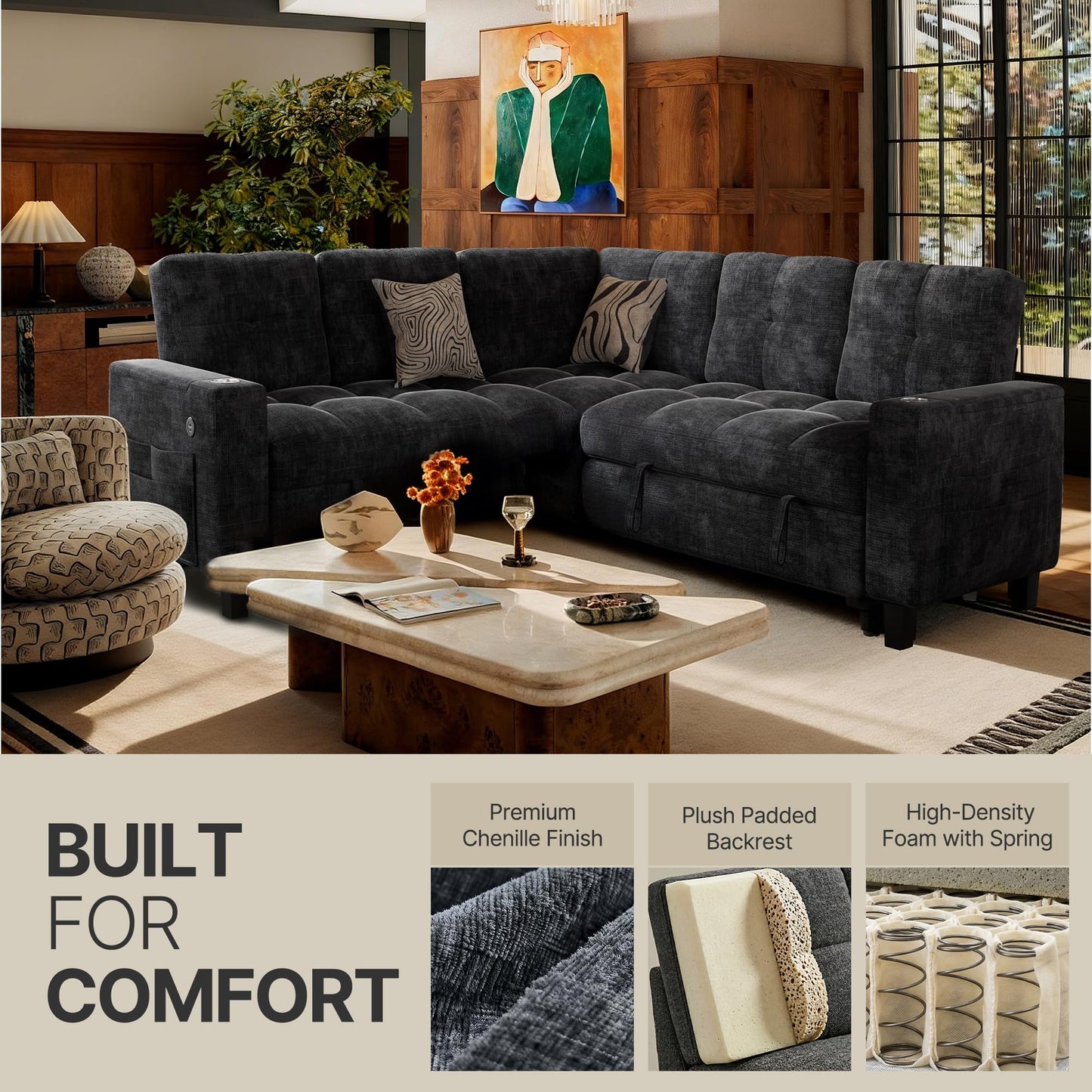 Marsail 85" Sectional Sleeper Sofa with Pull Out Bed, 5 Seat Modular Sectional Sofa with Storage, USB Ports & Cup Holders, Sectional Couches for Living Room, Modern Chenille Cloud Couch, Dark Gray