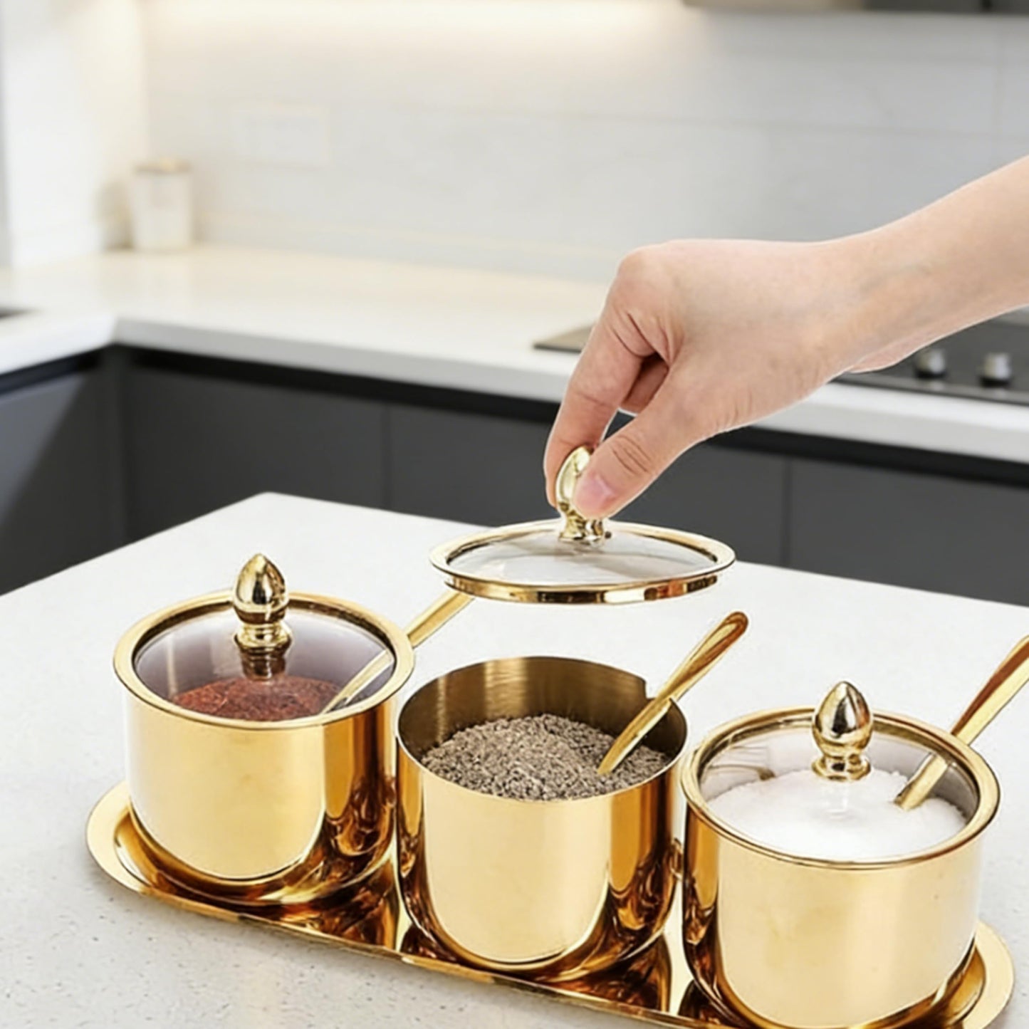 HMDIUM Sugar Bowl Set - 3 Grid Condiment Jars with Glass Lids & Spoon Stainless Steel Canisters with Tray for Sugar, Spice, Salt - Stylish Kitchen Storage Containers