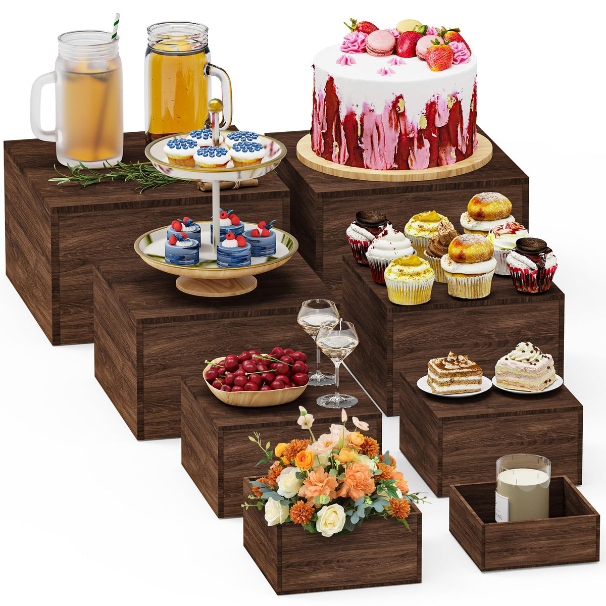VANITURE 8 PCS Wooden Buffet Risers, Rustic Wood Cake Cupcake Stands, Square Food Risers for Buffet Table, Catering Dessert Table Display Set, Stackable Wooden Crates for Party, Decor, Wedding, Birthday