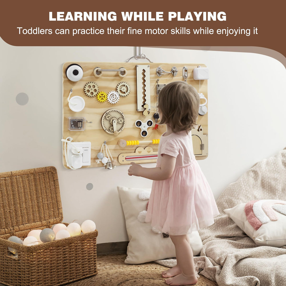 Pithfor Wooden Montessori Busy Board for Toddlers, Montessori Sensory Activity Board Toys for Baby Kids, for Fine Motor Skills, Autism & ADHD