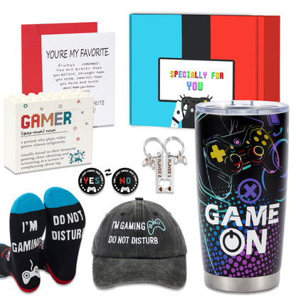 Guguden 8 PCS Easter Basket Stuffers Gamer Gifts for Men,Easter Gift Ideas Gaming Gift Box for Boyfriend Teens Dad Brother, Cool Gaming Stuff Accessories, Video Game Things Tumbler Keychain Socks