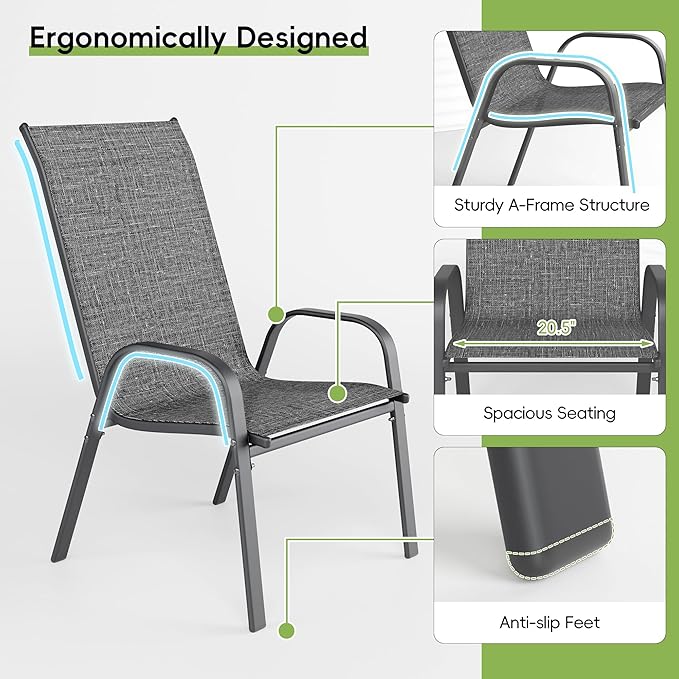 Patio Chairs Set of 6, Stackable Outdoor Dining Chairs for All Weather, Metal Modern Outside Furniture Chair for Pool Side, Garden, Backyard Deck, Dark Grey