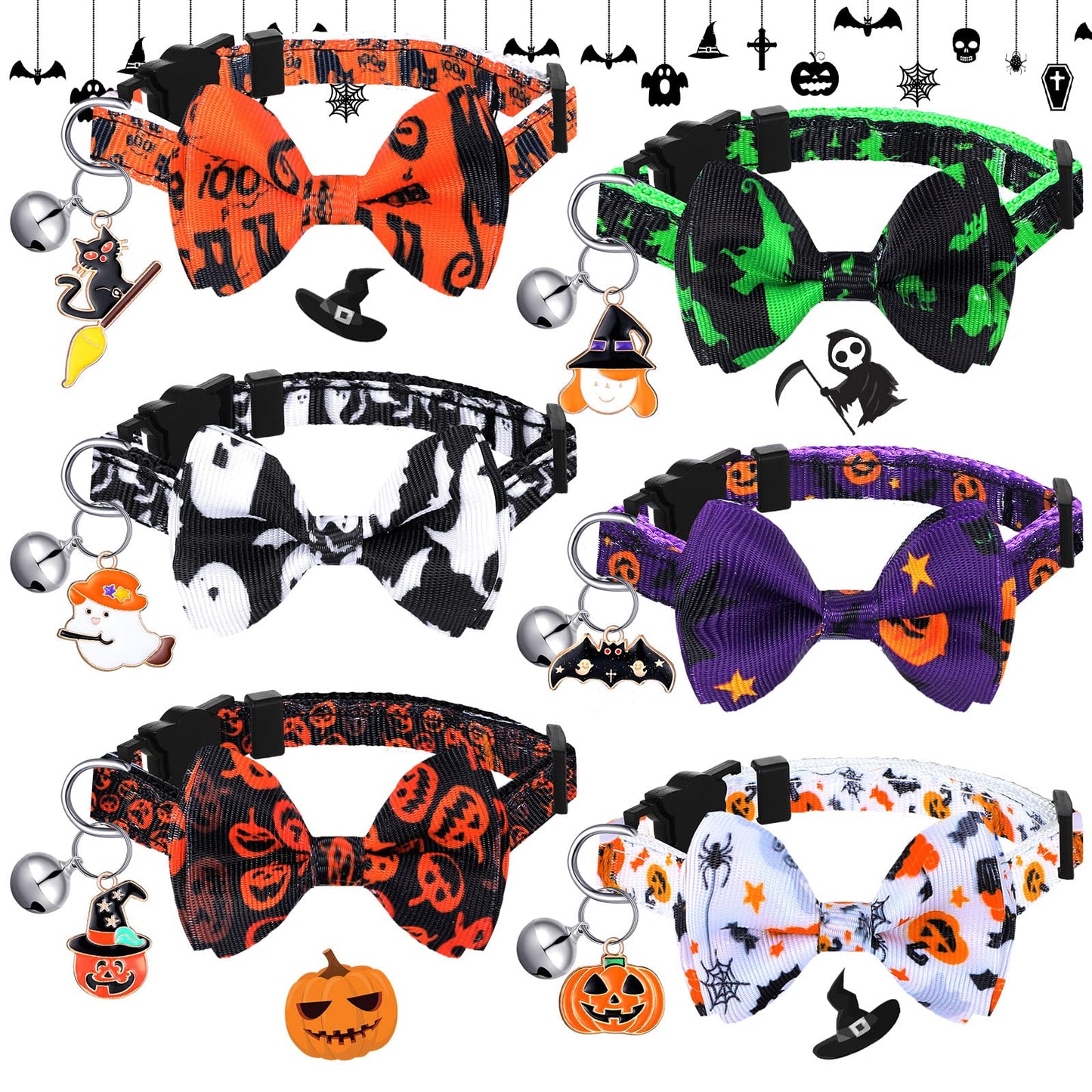 6 Pcs Halloween Cat Collar with Bow Tie and Bells, Breakaway Kitten Collar Ghost Pumpkin Witch Skull with Buckle Adjustable 7-11 Inch Funny Gothic Cat Supplies
