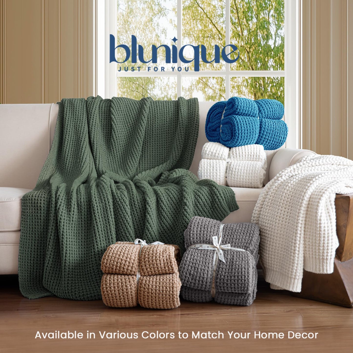 blunique Waffle Knit Throw Blanket, Luxury Cozy Chunky Knit Throw Blanket for Couch, 50 x 60 Inch Thick Ultra-Soft Feather Yarn Knitted Blanket for Sofa, Bed, Home Decor - Off White