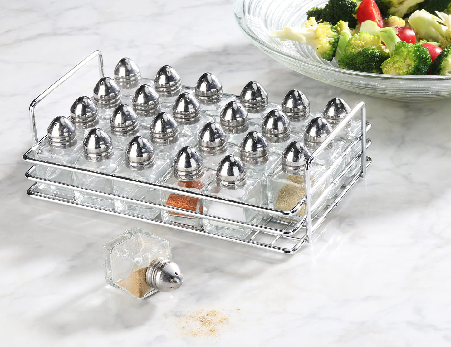 New Star Foodservice Glass Cube Mini Salt and Pepper Shaker with Rack (Silver, Stainless Steel)