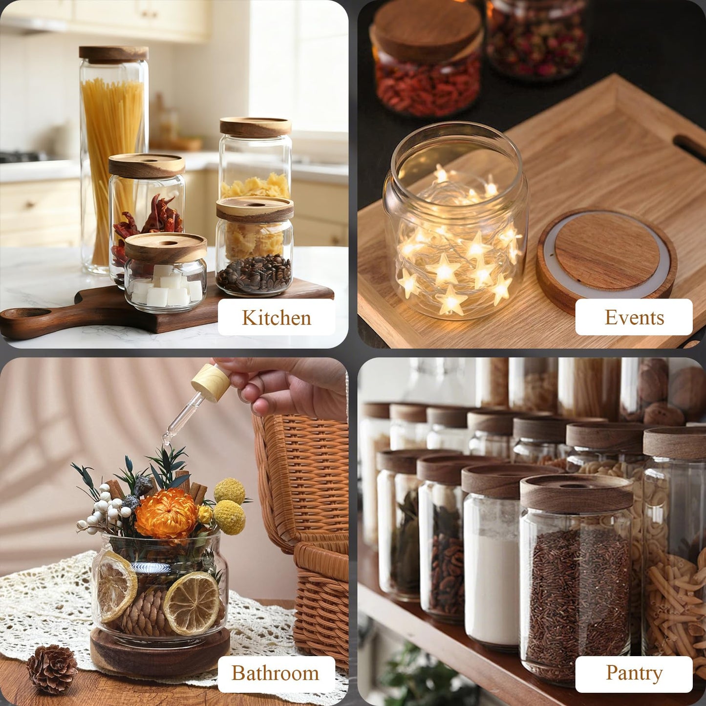 Glass Jars with Airtight Wood Lids - 11 oz Mini Kitchen Pantry Storage Containers, Stackable Decorative Canisters for Chia Seed, Sugar, Tea, Spice, Salt, Matcha, Nuts, Sauce, Cocoa powder, Set of 2