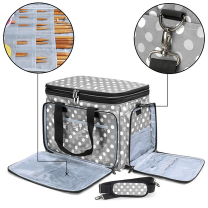 Luxja Knitting Bag - Yarn Storage Organiser for Carrying Projects, Grey Dots