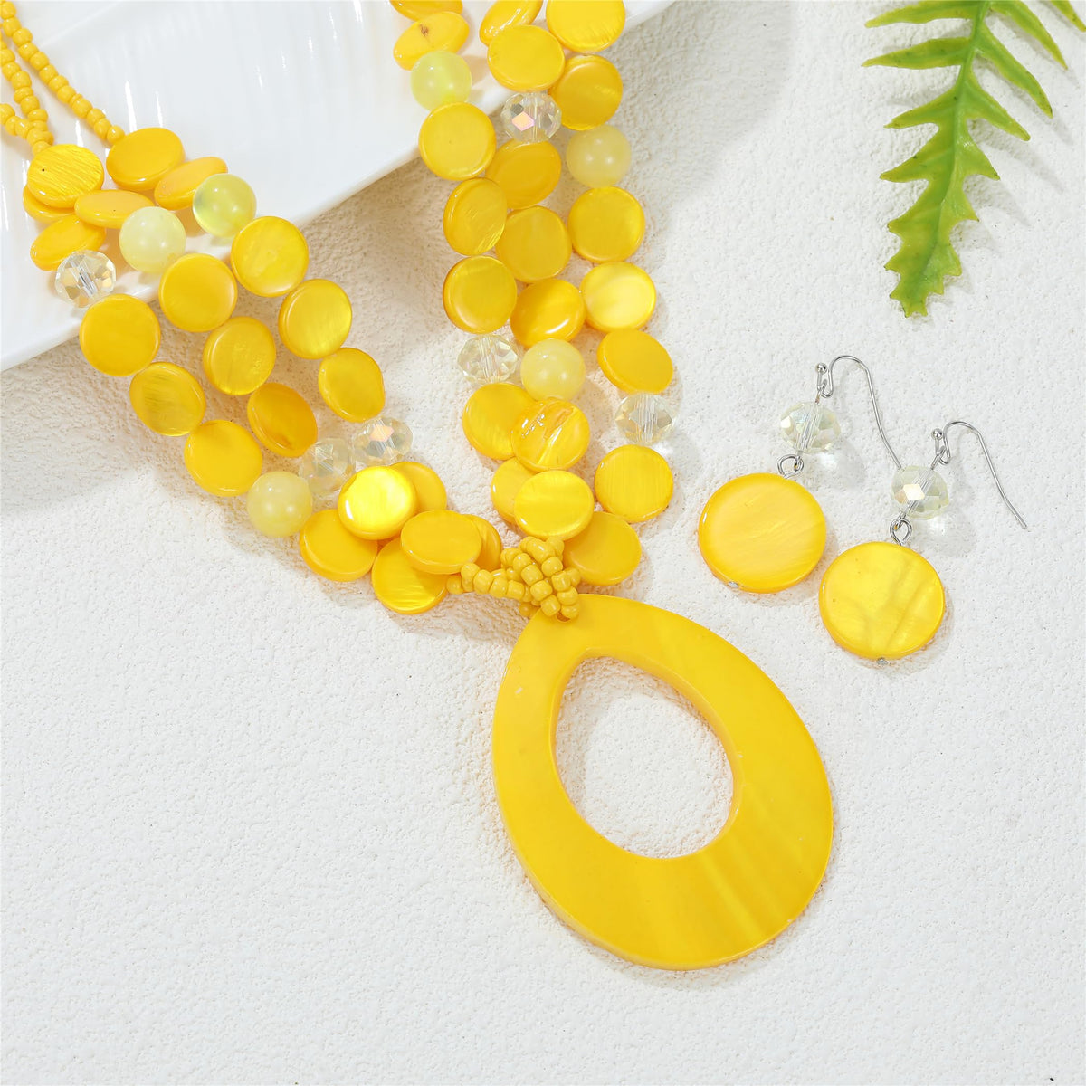 Aenu Multi-Strand Beaded Necklace with Teardrop Pendant Colorful Beads Statement Jewelry Set for Women (Yellow)