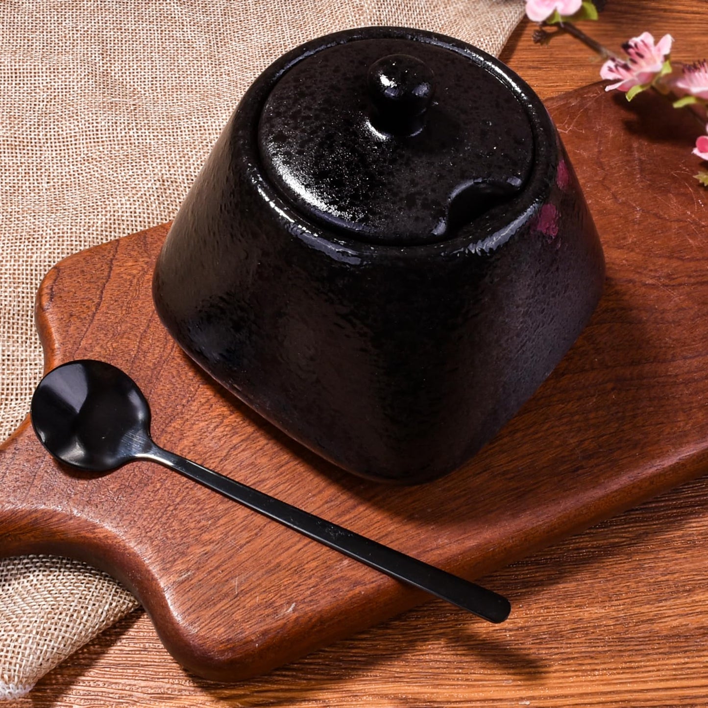 BOSILI Japanese Black Sugar Bowls with Lid Ceramic Salt Container with Stainless Steel Spoon for Sugar Pepper Spices