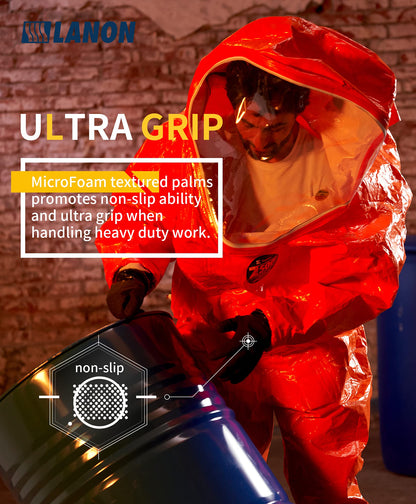 LANON Black Nitrile Chemical Gloves, Reusable Thick Rubber Gloves, Heavy Duty, MicroFoam Textured Palm, Acid and Oil, EN 388/374, L/9