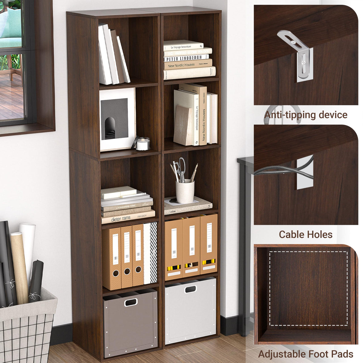NewBeth 5 Cube Storage Organizer, Narrow Open Shelf Bookcase, Freestanding 5 Tier Low Display Bookshelf for Home Office, Living Room, Bedroom, Dark Brown & Black Walnut