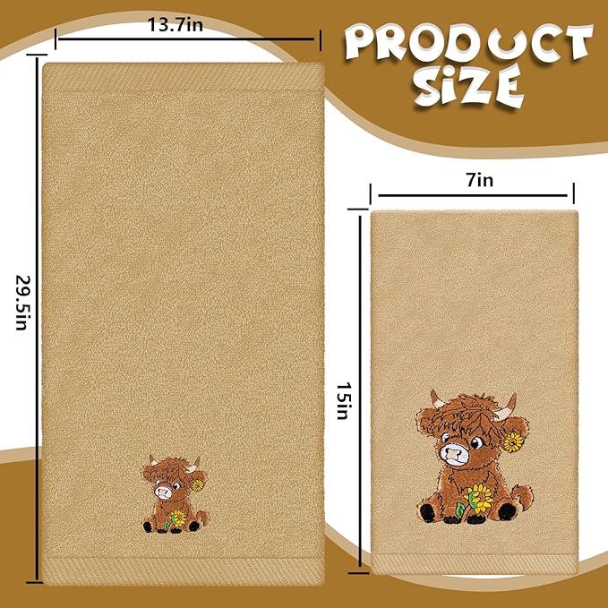 3Pcs Highland Cow Sunflower Hand Towels Cotton Embroidered Bathroom Towels