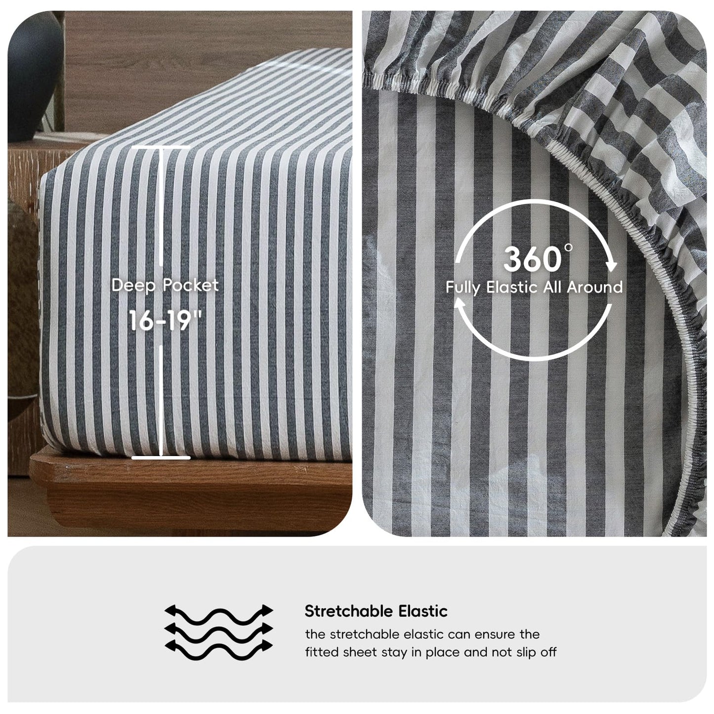 MooMee Striped Fitted Bottom Sheet Only 100% Washed Cotton Linen Like Textured Breathable Durable Soft Comfy Deep Pocket Fits Mattress up to 17" (Dark Grey White Classic Stripes, Queen)