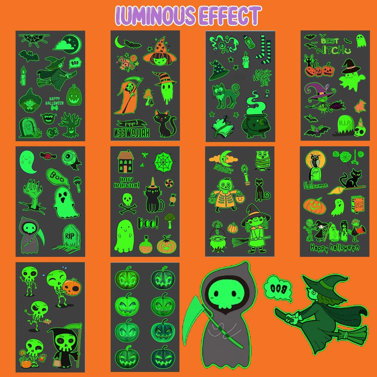 Partywind 10 Sheets Luminous Halloween Temporary Tattoos for Kids, Glow Halloween Decorations Birthday Party Favors Supplies, Halloween Fake Tattoos Goodie Bag Fillers Games Accessories for Party