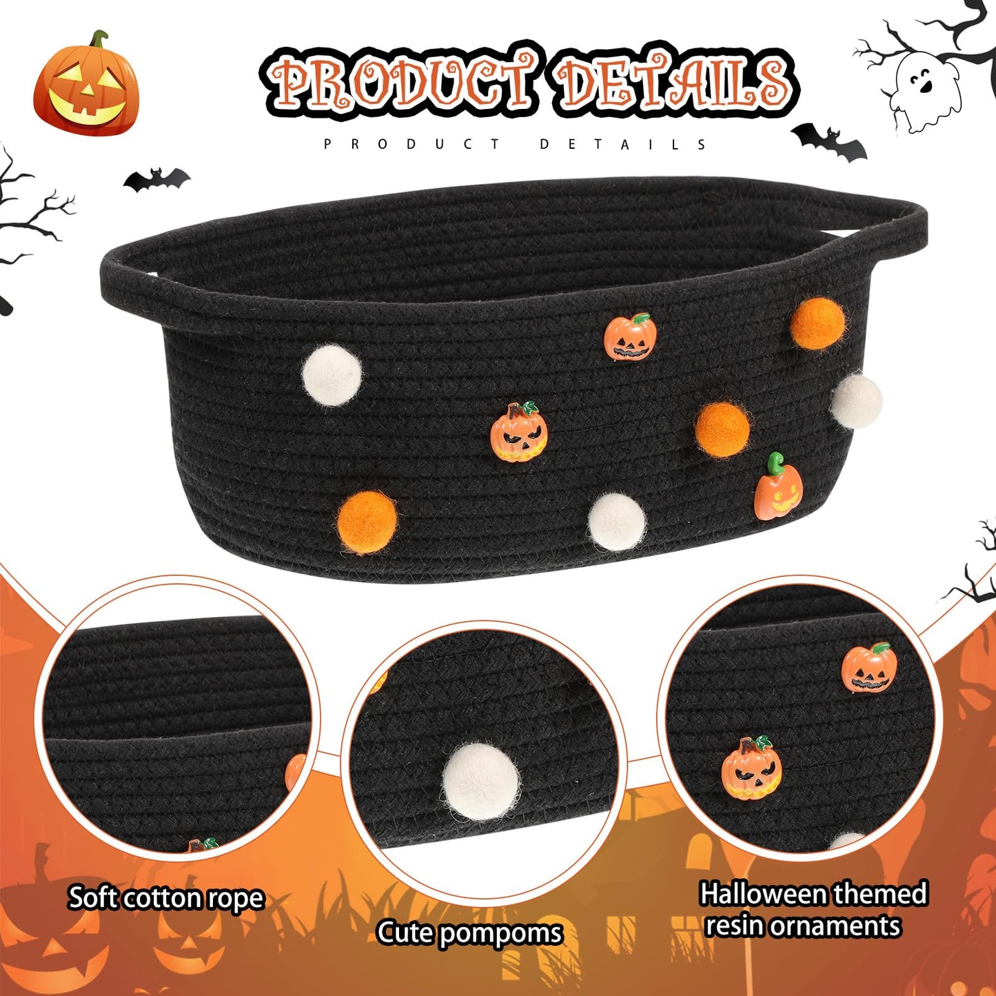Teenyyou Halloween Gifts Basket Empty, 12" x 8" x 5" Woven Rope Basket with Gift Wrap Bag and Bow Clip for Halloween Party Gift Wrapping Decorations(Black)