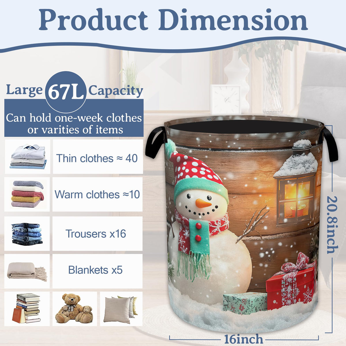 Christmas Laundry Basket,Oxford Cloth Snowman Laundry Hamper With Handle Foldable Portable Clothes Storage Basket for Laundry Room/Bedroom/Bathroom 20.8"x16"