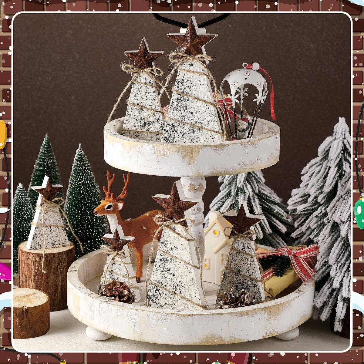 Bucherry 6 Pcs Wooden Christmas Tree Tabletop Decoration Christmas Trees Table Centerpieces Rustic Tiered Tray Decor with Iron Star Hemp Rope for Table Home Decor Xmas Holiday Sign