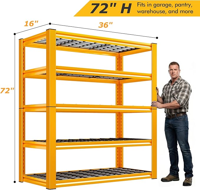 REIBII Garage Shelving Load 3200LBS, 5-Tier Storage Shelves, Adjustable Heavy Duty Metal Shelving Unit for Pantry, Basement, Warehouse, 72" H x 36" W x 16" D, 2PC