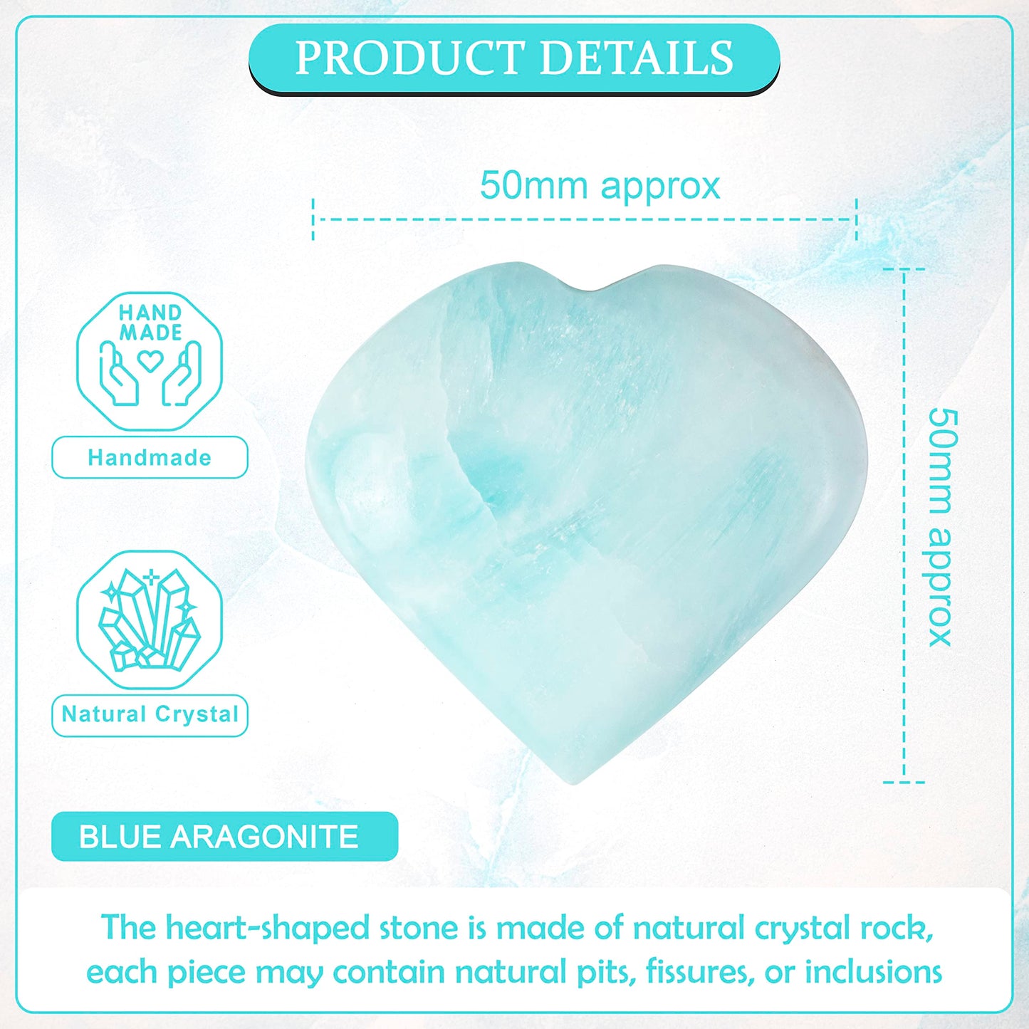 Crocon 50mm Blue Aragonite Heart Stone Big Heart Shape Puff Stones Set 450+ Carats Pocket Crystal Healing Tumble Collection Palm Worry Stone Good Luck Charm Meditation Gift Craft Home Decor