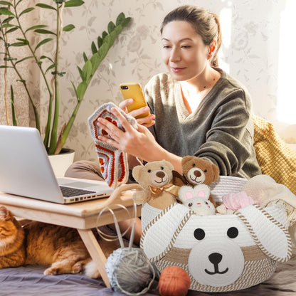 Zopeal Dog Woven Basket Cute Woven Cotton Rope Puppy Animal Storage Basket for Laundry Toy Gift(Khaki, White,13 x 8 Inch)