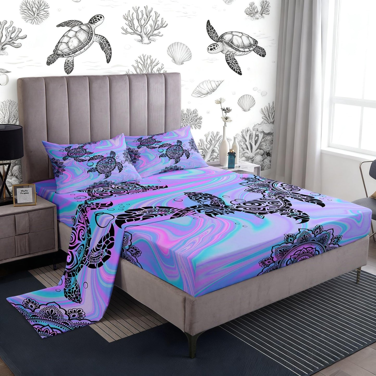 Castle Fairy Kids Tie Dye Sea Turtle Full Fitted Sheet 4pcs,Mandala Flowers Tortoise Animal Bed Sheet Set for Girls Teens Bedroom,Purple Blue Marble Polyester Bedding Set with 1 Flat + 2 Pillowcases