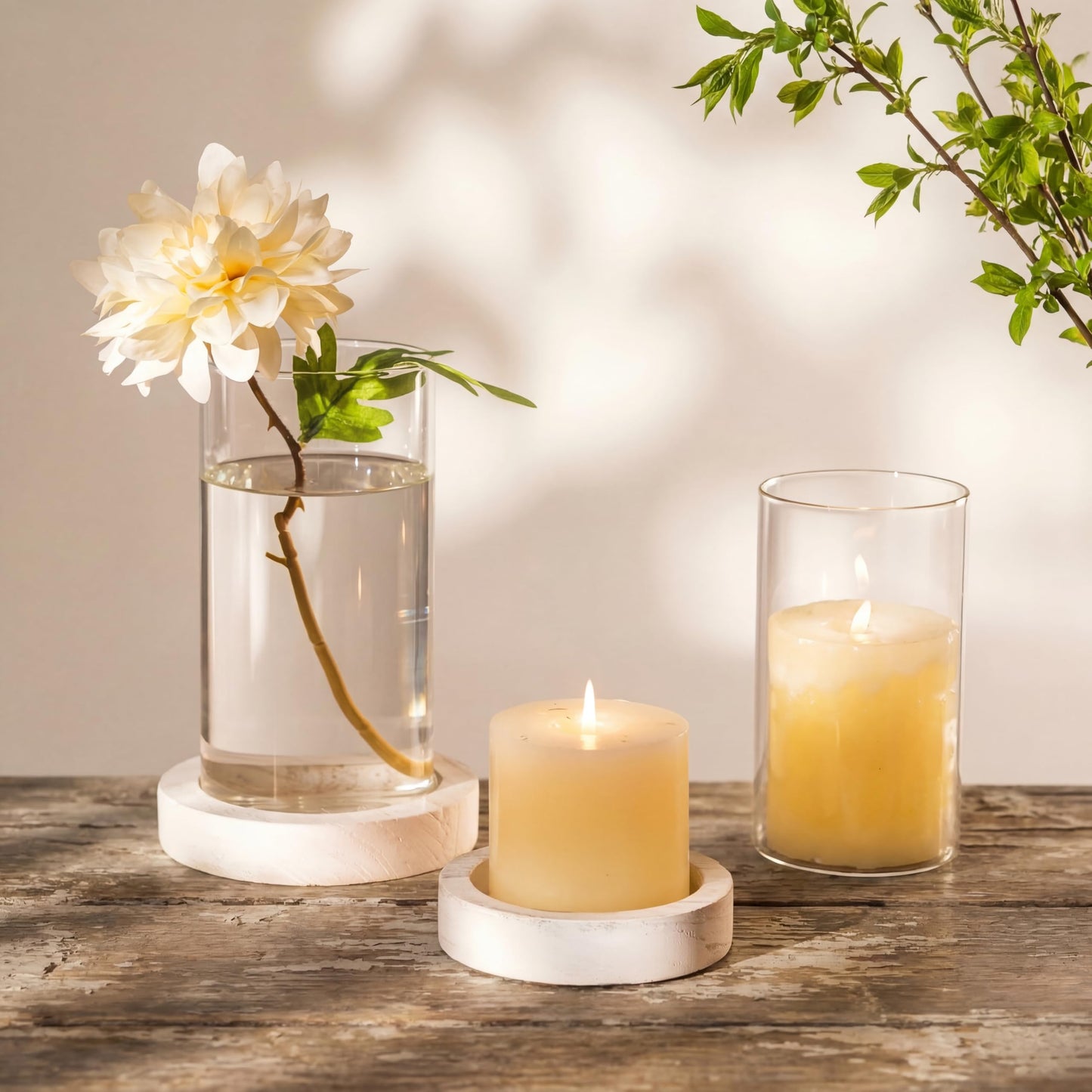 NUPTIO Hurricane Candle Holder for Wedding: Glass Cylinder Vase with Distressed White Wood Plate - Set of 2 Tall Pillar Candles Holder for Christmas Thanksgiving Holiday Decoration