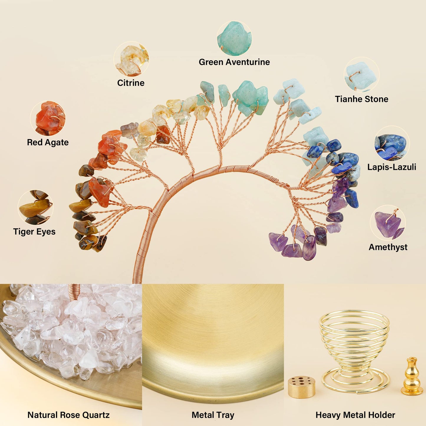 ZenBless 7 Chakra Healing Crystal Tree Incense Holder Palo Santo Sage Burner Brass Ash Catcher for Incense Sticks Coil Cones Yoga Meditation Zen Spiritual Room Home Decoration (Round)