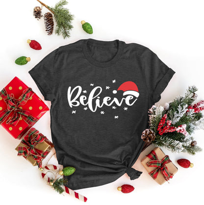 Believe Christmas Shirt for Women Christmas Tree Graphic T-Shirts Believe Letter Print Tees Holiday Tops (Dark Grey, Large)