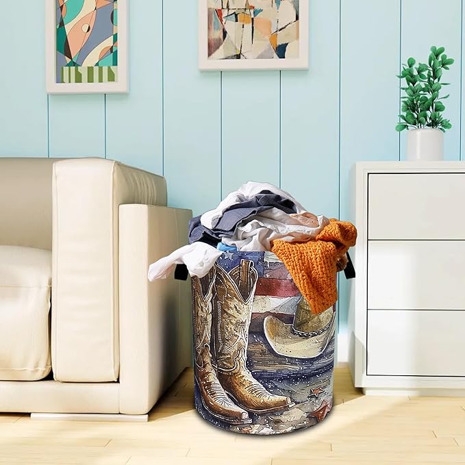 Cowboy Hat Boots Laundry Basket American Flag Oxford Cloth Laundry Hamper