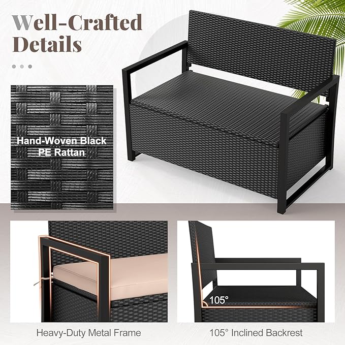RELAX4LIFE Wicker Outdoor Bench with Storage - Rattan Deck Box w/Protective Liner for Pillows, Pool Supplies, Garden Tools, Patio Loveseat with Seat Cushion & Metal Armrests for Backyard Porch Balcony