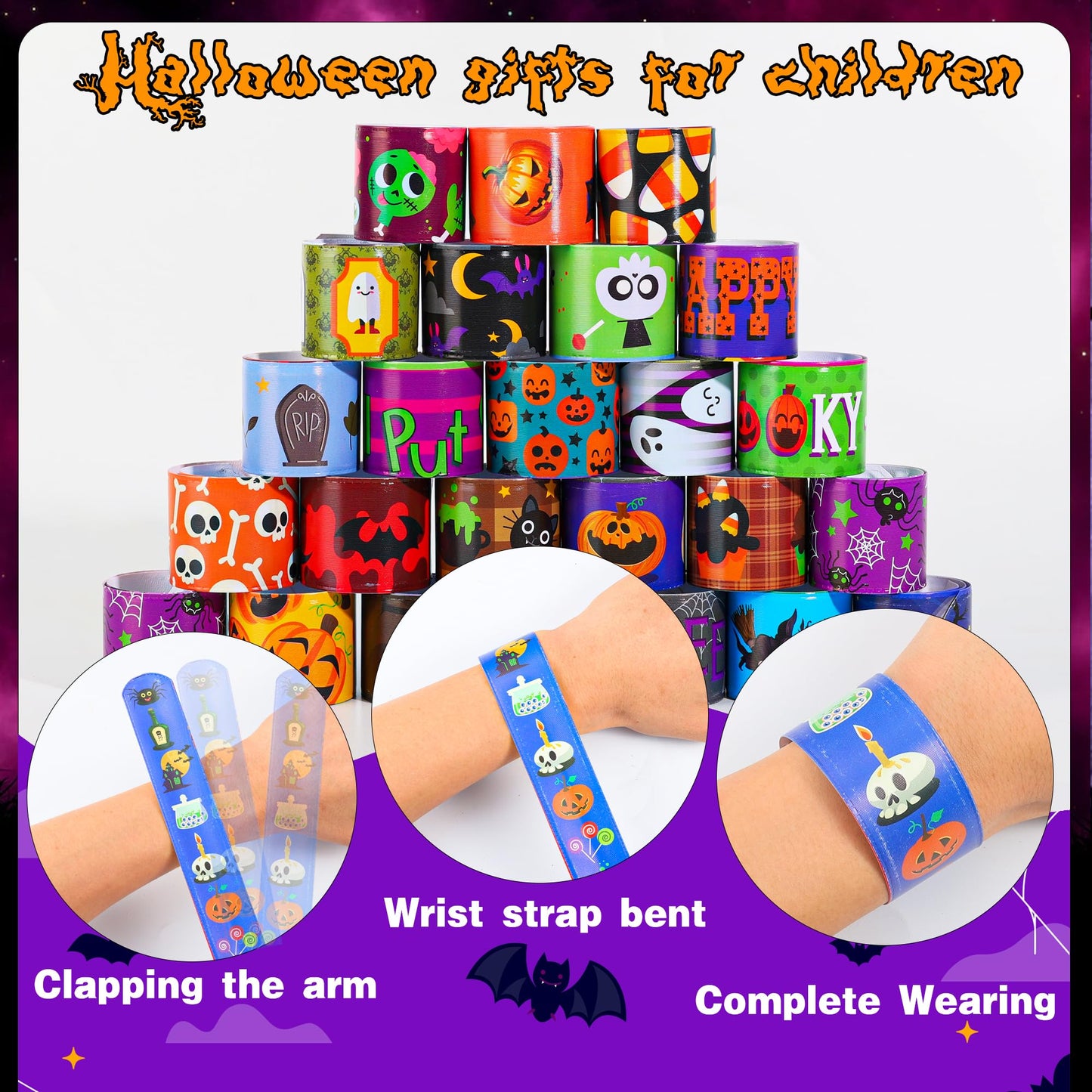 LUYI 144 PCS Halloween Slap Bracelets，Halloween Party Favors Supplies for Kids-108 Different Designs Bracelets Bulk for Halloween Decorations Treat Toys Bag Stuffers Gift for Kids Girls Boys