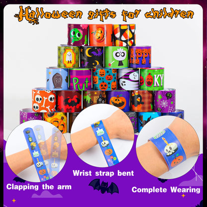 LUYI 144 PCS Halloween Slap Bracelets，Halloween Party Favors Supplies for Kids-108 Different Designs Bracelets Bulk for Halloween Decorations Treat Toys Bag Stuffers Gift for Kids Girls Boys