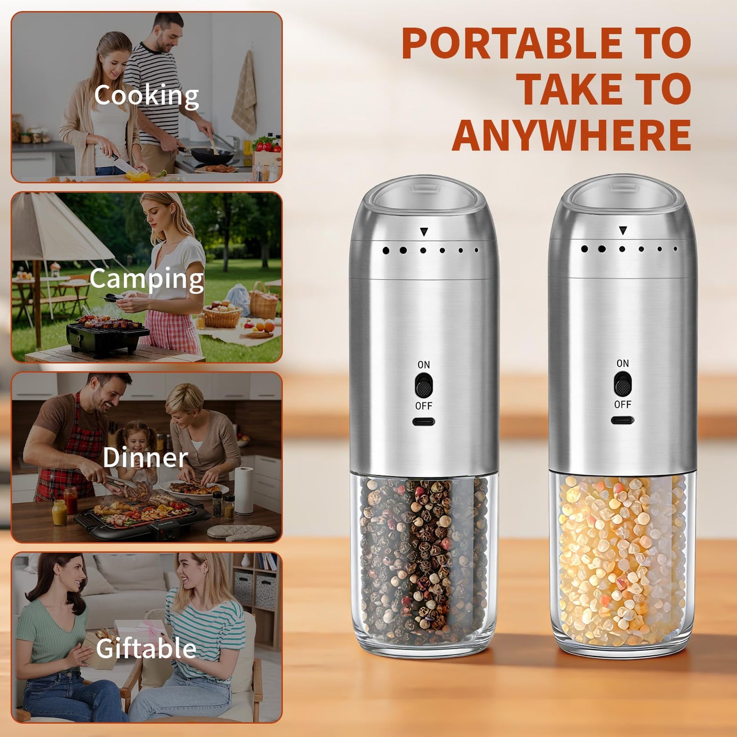 Electric Salt and Pepper Grinder Set, Automatic Enlarged 176ml Mill 2 Pack, Gravity-Sensing, Rechargeable Pepper Grinder, Stainless Steel, 6 Adjustable Coarseness, Kitchen Gadget Accessories